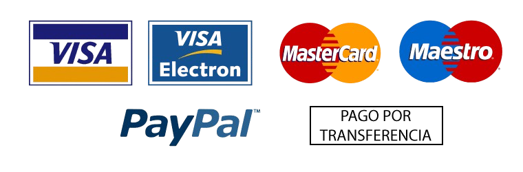 Formas de pago: Visa, Visa Electron, Mastercard, Maestro, PayPal y transferencia bancaria