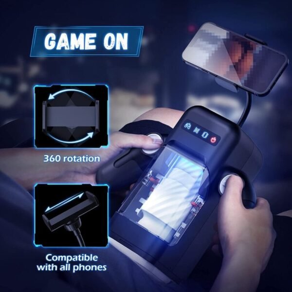 GAME CUP - MASTURBADOR MASCULINO CON VIBRACIÓN Y FUNCIÓN CALOR CON SOPORTE PARA MÓVILES - NEGRO - Imagen 3