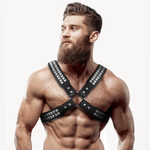 FETISH SUBMISSIVE ATTITUDE - MENS CROSSED CHEST ECO-LEATHER HARNESS WITH RIVETS