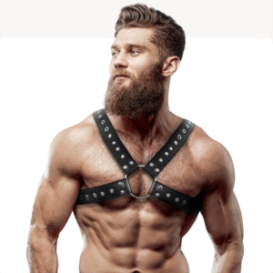 FETISH SUBMISSIVE ATTITUDE - MENS CROSS-OVER ECO-LEATHER CHEST HARNESS WITH STUDS