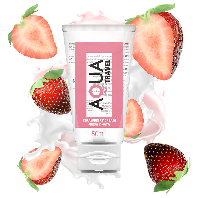 AQUA TRAVEL - LUBRICANTE BASE AGUA SABOR FRESA Y NATA - 50 ML - Con deliciosos Sabores - El Arte del Placer