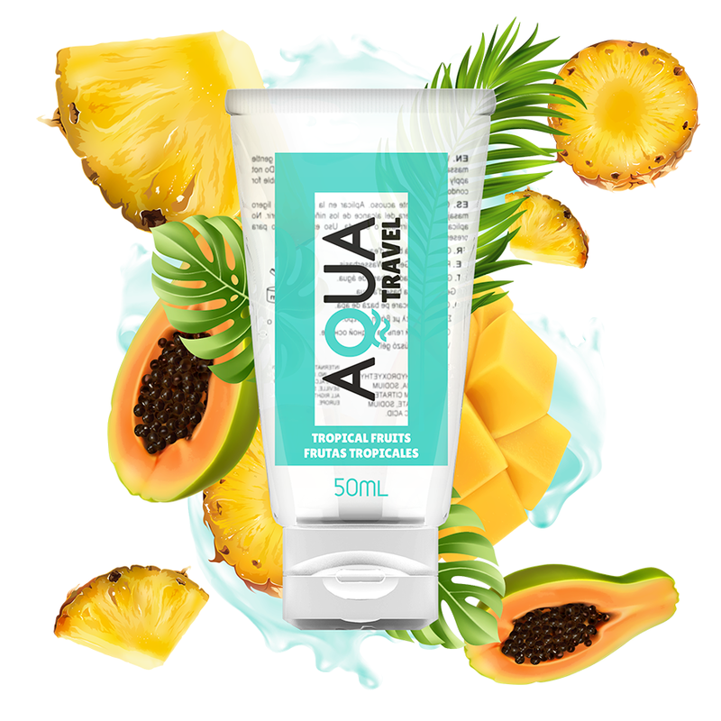 AQUA TRAVEL - LUBRICANTE BASE AGUA SABOR FRUTAS TROPICALES - 50 ML - Con deliciosos Sabores - El Arte del Placer