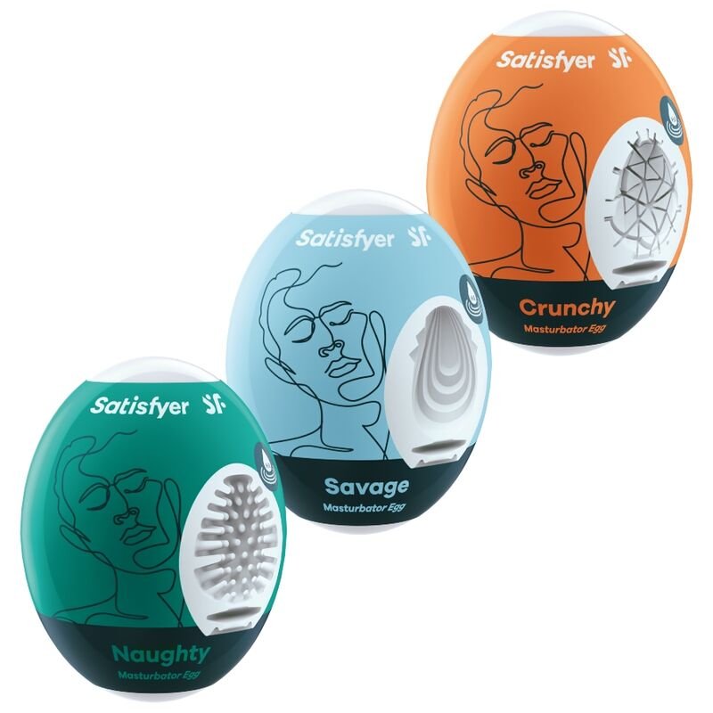 SATISFYER - 3 HUEVOS MASTURBADORES NAUGHTY, SAVAGE & CRUNCHY - JUGUETES BIENESTAR - El Arte del Placer