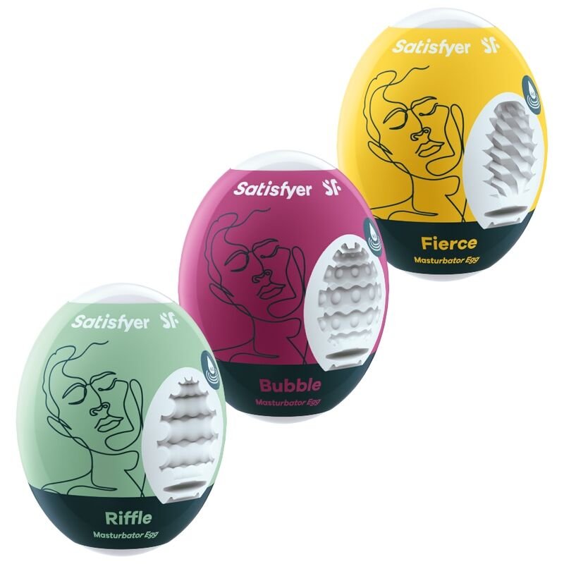 SATISFYER - 3 HUEVOS MASTURBADORES RIFFLE, BUBBLE & FIERCE - JUGUETES BIENESTAR - El Arte del Placer