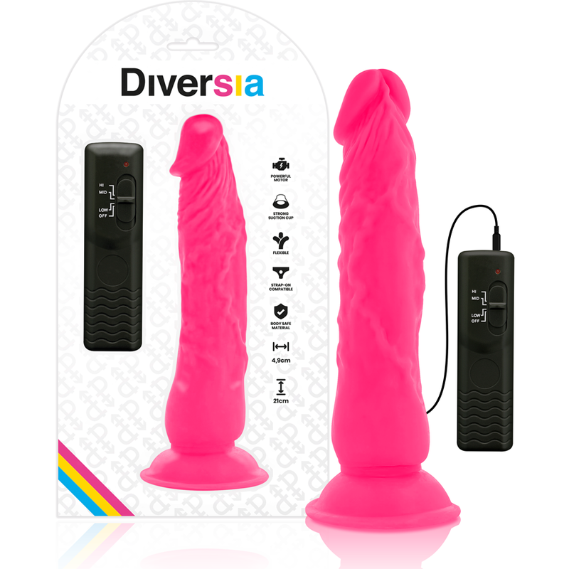 DIVERSIA – DILDO REALÍSTICO FLEXIBLE CON VIBRACIÓN 21 CM -O- 4.9 CM - Dildos para Arneses - El Arte del Placer