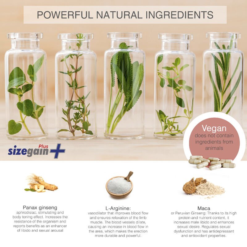 SizeGain Plus – Complemento alimenticio para aumentar el tamaño del pene y mejorar la potencia sexual - Cápsulas para H…