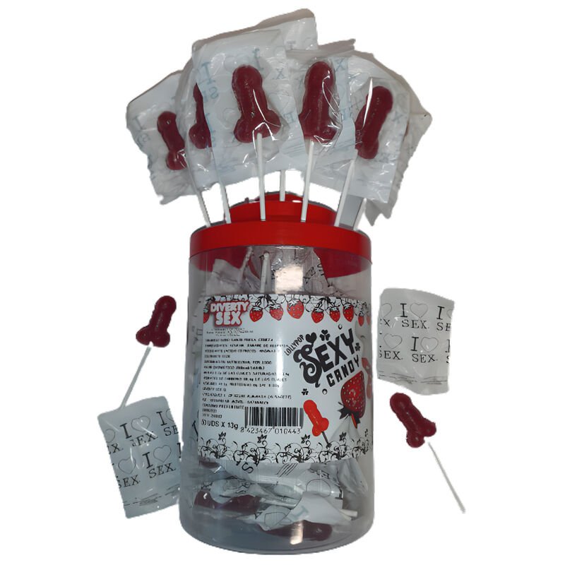 DIABLO PICANTE - BOTE 50 PIRULETAS PITO CARAMELO FRESA Y CEREZA 50 UNIDADES - ARTÍCULOS VARIOS - El Arte del Placer