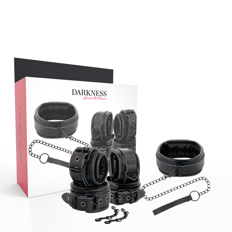 DARKNESS - ESPOSAS Y COLLAR DE CUERO NEGRO - BDSM & BONDAGE - El Arte del Placer