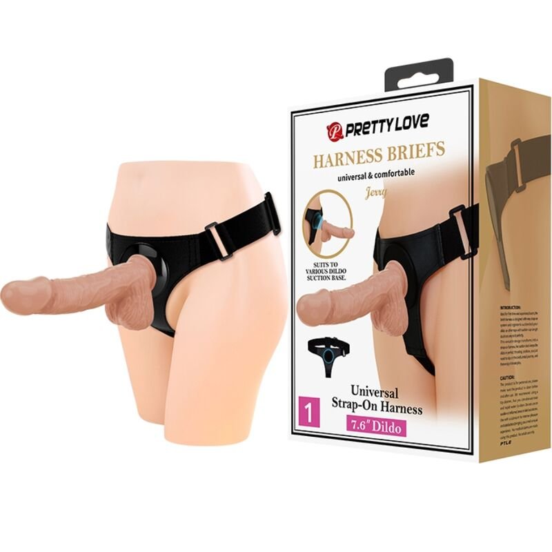 PRETTY LOVE - HARNESS BRIEFS ARNÉS UNIVERSAL CON DILDO JERRY 21.8 CM NATURAL - Arneses - El Arte del Placer
