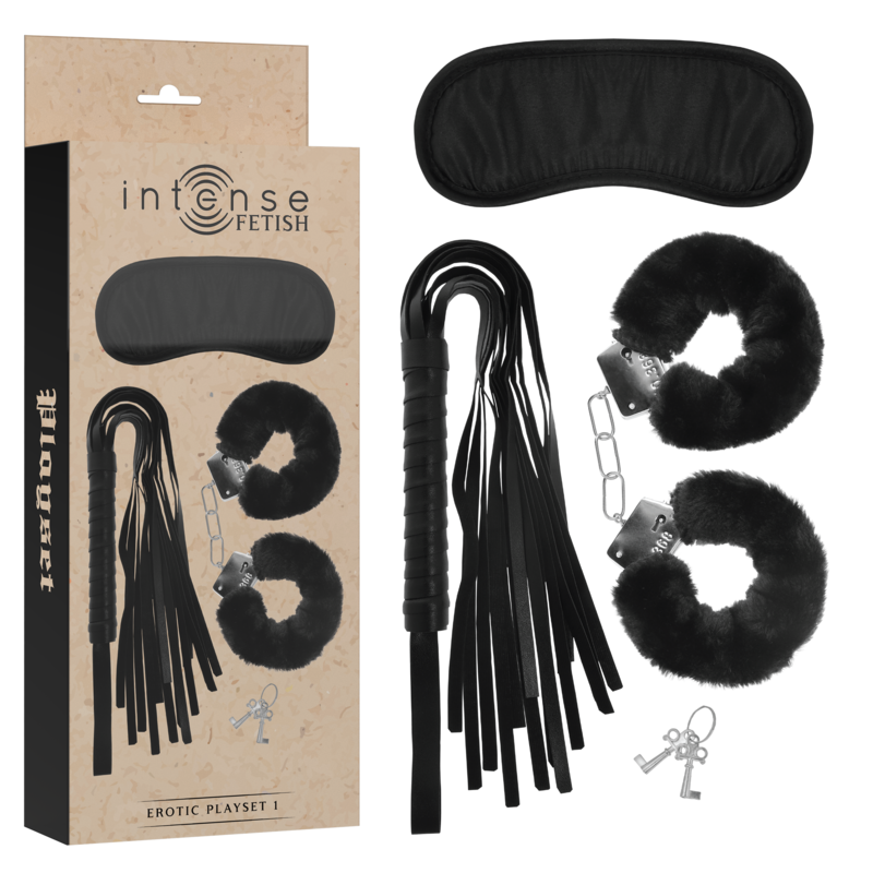 INTENSE - FETISH SET ERÓTICO 1 CON ESPOSAS, ANTIFAZ Y LÁTIGO DE CUERO VEGANO - BDSM & BONDAGE - El Arte del Placer