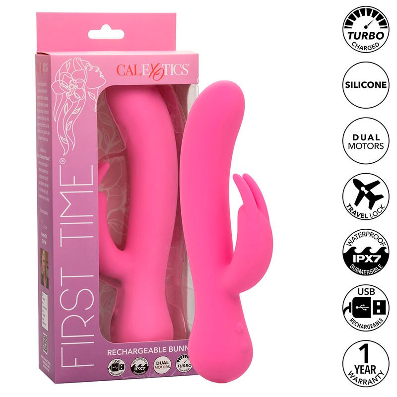CALEXOTICS - FIRST TIME VIBRADOR RABBIT RECARGABLE ROSA - JUGUETES BIENESTAR - El Arte del Placer