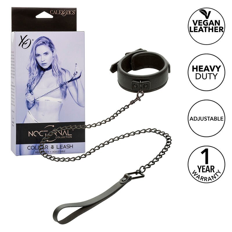 CALEXOTICS - NOCTURNAL COLLAR Y CORREA CUERO AJUSTABLE NEGRO - BDSM & BONDAGE - El Arte del Placer