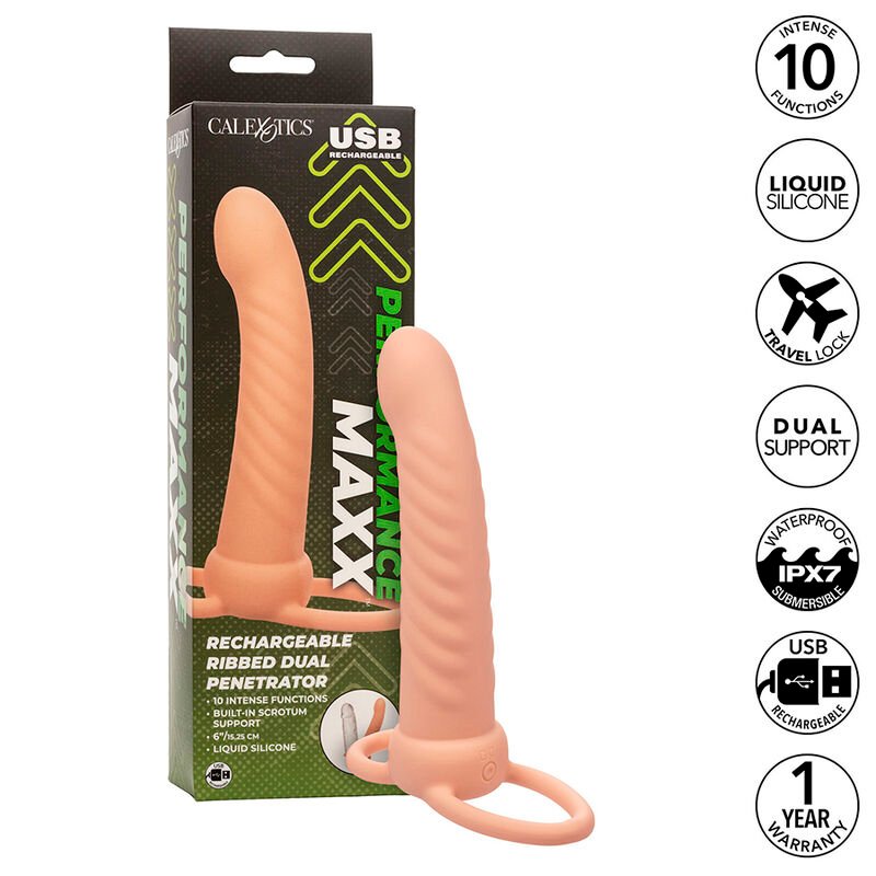CALEXOTICS - MAXX DOBLE PENETRADOR ACANALADO 10 VIBRACIONES NATURAL - Arneses - El Arte del Placer