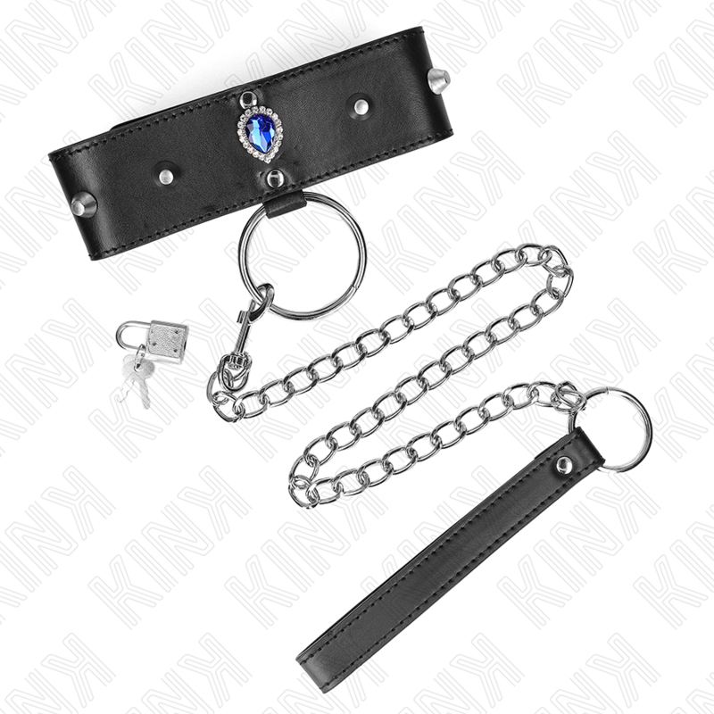 KINK - COLLAR CON CORREA 65 CM CON DIAMANTES AZULES AJUSTABLE 36-43 CM X 5 CM - BDSM & BONDAGE - El Arte del Placer