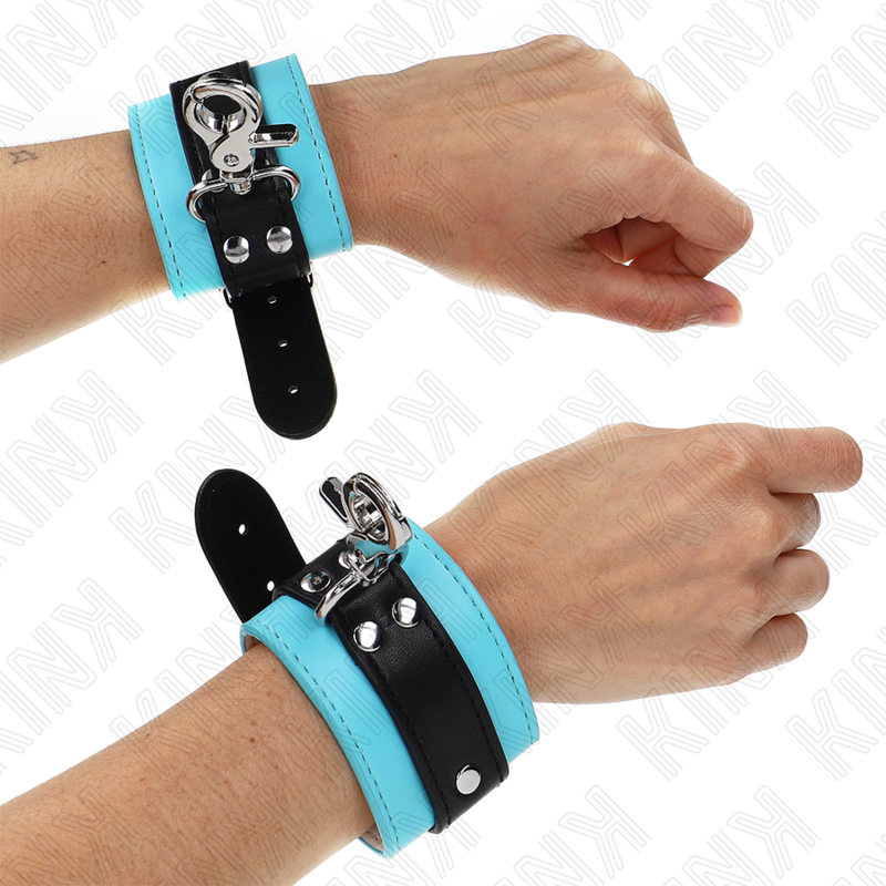 KINK - MUÑEQUERAS CON CIERRE PREMIUM NEGRO / AZUL AJUSTABLE 21-28 CM X 5.5 CM - BDSM & BONDAGE - El Arte del Placer