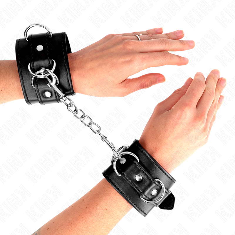 KINK – MUÑEQUERAS CON 3 ANILLAS EN D AJUSTABLE 17.5-25 CM X 6 CM - BDSM & BONDAGE - El Arte del Placer