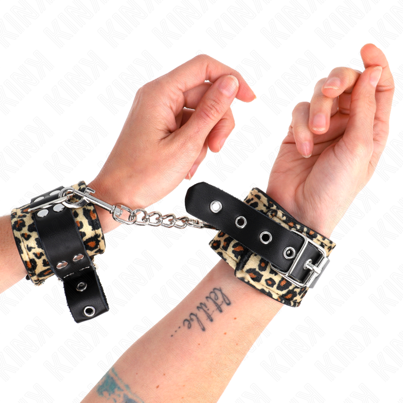 KINK - MUÑEQUERAS DE CUERO ESTILO LEOPARDO AJUSTABLE 18-29 CM X 5.5 CM - BDSM & BONDAGE - El Arte del Placer