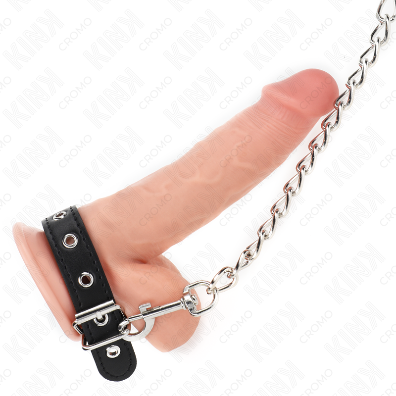 KINK - ANILLO PENE CUERO CON CORREA 21.5 X 2 CM Y CADENA METAL 60 CM - Anillas pene metal BDSM - El Arte del Placer