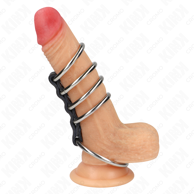 KINK - 5 ANILLOS PENE 3.7 CM A 5 CM METAL CONECTADOS POR CUERO - Anillas pene metal BDSM - El Arte del Placer