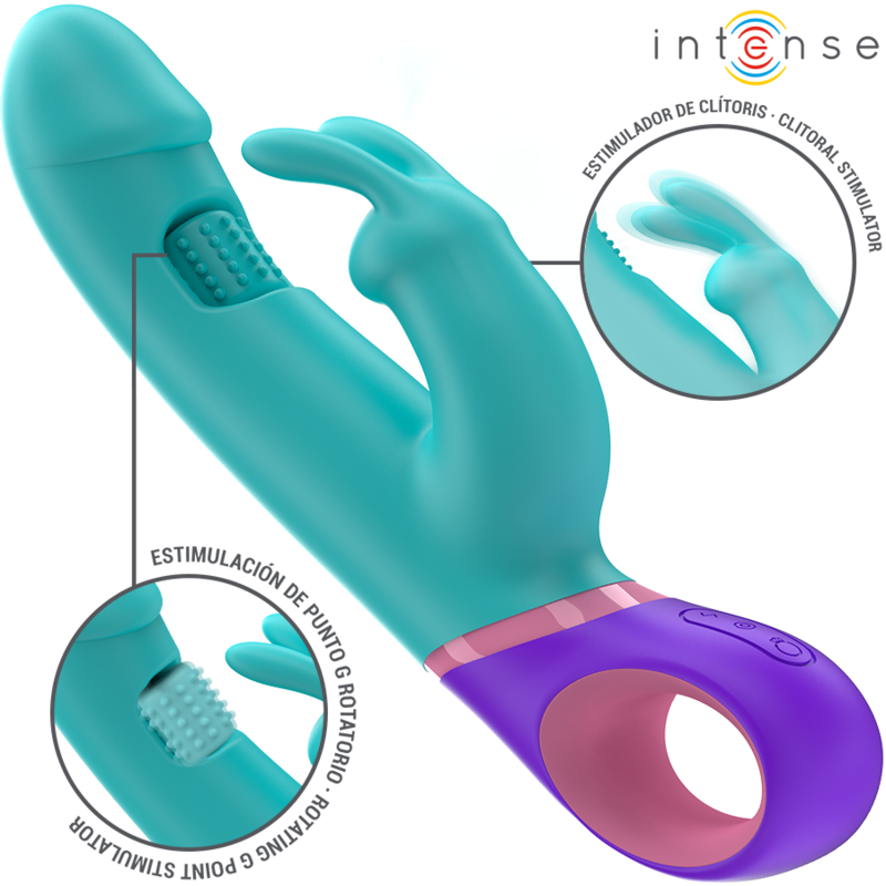 INTENSE - MÓNICA VIBRADOR RABBIT CON ESTIMULADOR ROTATORIO DEL PUNTO G AZUL - JUGUETES BIENESTAR - El Arte del Placer