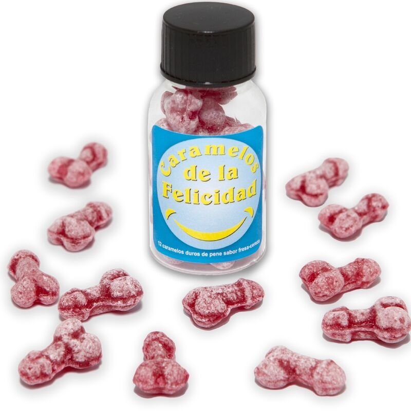 DIABLO PICANTE - BOTE 12 CARAMELOS DE LA FELICIDAD FORMA PENE FRESA/CEREZA - Artículos divertidos - El Arte del Placer