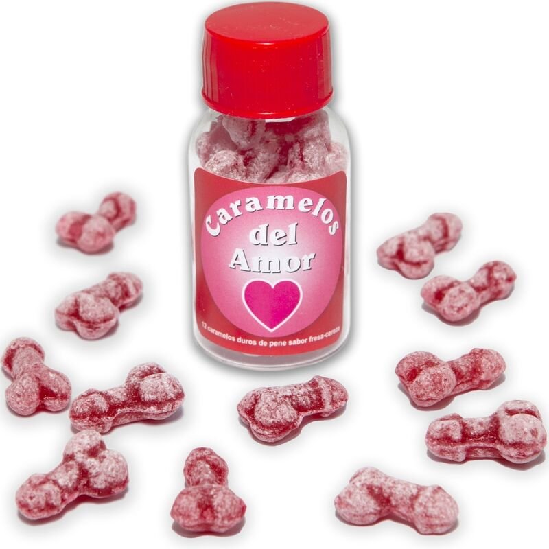 DIABLO PICANTE - 12 CARAMELOS DEL AMOR FORMA PENE FRESA/CEREZA - Artículos divertidos - El Arte del Placer