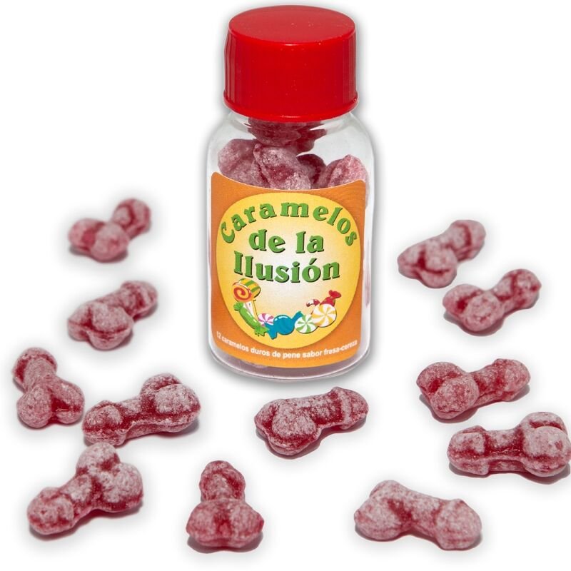 DIABLO PICANTE - 12 CARAMELOS DE LA ILUSIÓN FORMA PENE FRESA/CEREZA - Artículos divertidos - El Arte del Placer