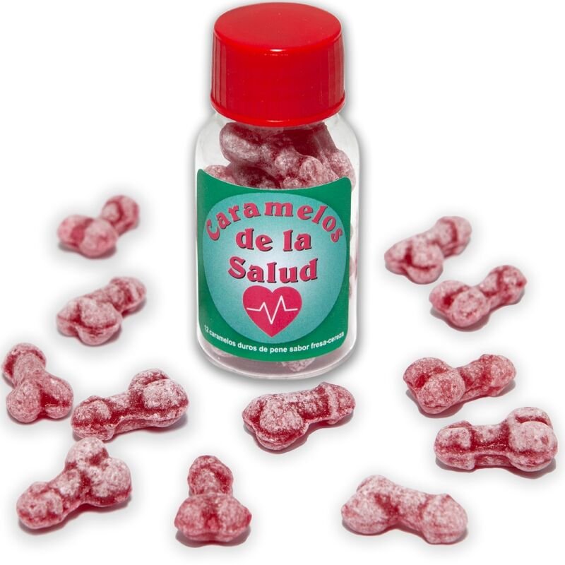 DIABLO PICANTE - 12 CARAMELOS DE LA SALUD FORMA PENE FRESA/CEREZA - Artículos divertidos - El Arte del Placer