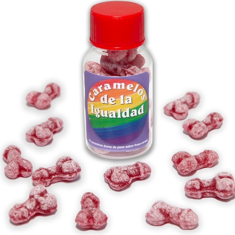 DIABLO PICANTE - 12 CARAMELOS DE LA IGUALDAD FORMA PENE FRESA/CEREZA - Artículos divertidos - El Arte del Placer