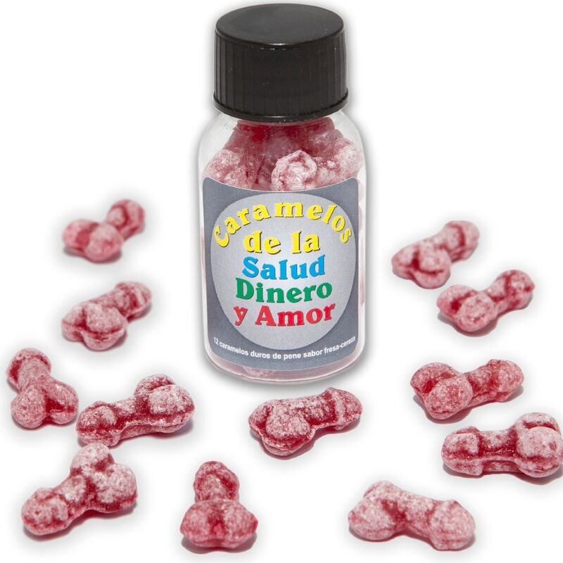 DIABLO PICANTE - 12 CARAMELOS DE LA SALUD-DINERO-AMOR FORMA PENE FRESA/CEREZA - Artículos divertidos - El Arte del Plac…