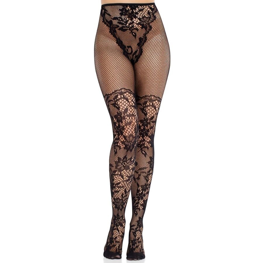 LEG AVENUE - MEDIAS DE ENCAJE DAHLIA CON DETALLE DE RED NEGRO - Lencería Mujer - El Arte del Placer