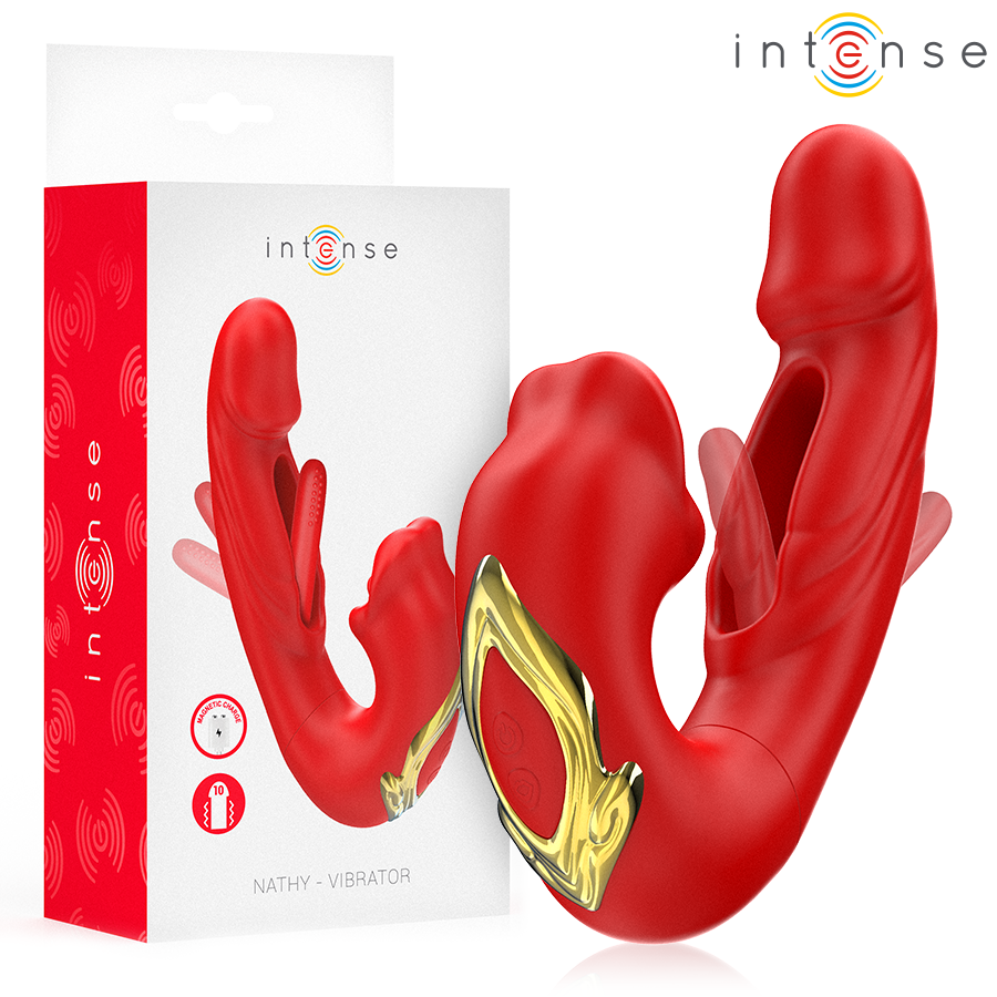 INTENSE - NATHY VIBRADOR DOBLE CON BOCA ESTIMULADORA MULTIFUNCIÓN ROJO - JUGUETES BIENESTAR - El Arte del Placer
