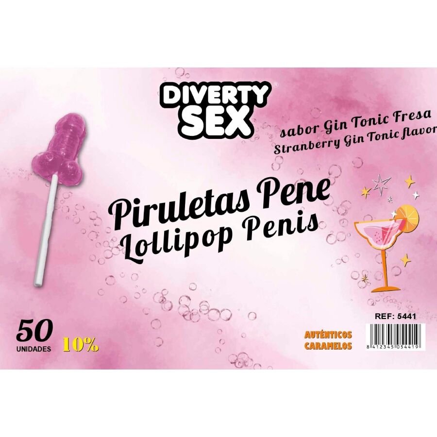 DIABLO GOLOSO - 50 PIRULETAS PENE GIN TONIC FRESA 10% ALCOHOL - ARTÍCULOS VARIOS - El Arte del Placer