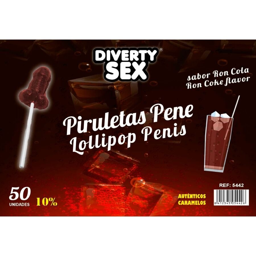 DIABLO GOLOSO - 50 PIRULETAS PENE RON COLA 10% ALCOHOL - ARTÍCULOS VARIOS - El Arte del Placer