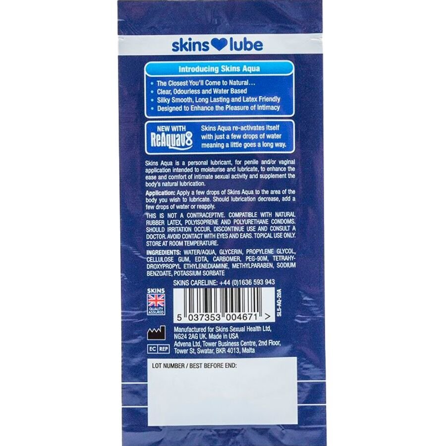 SKINS - AQUA LUBRICANTE BASE DE AGUA MONODOSIS 5 ML - Base Agua - El Arte del Placer