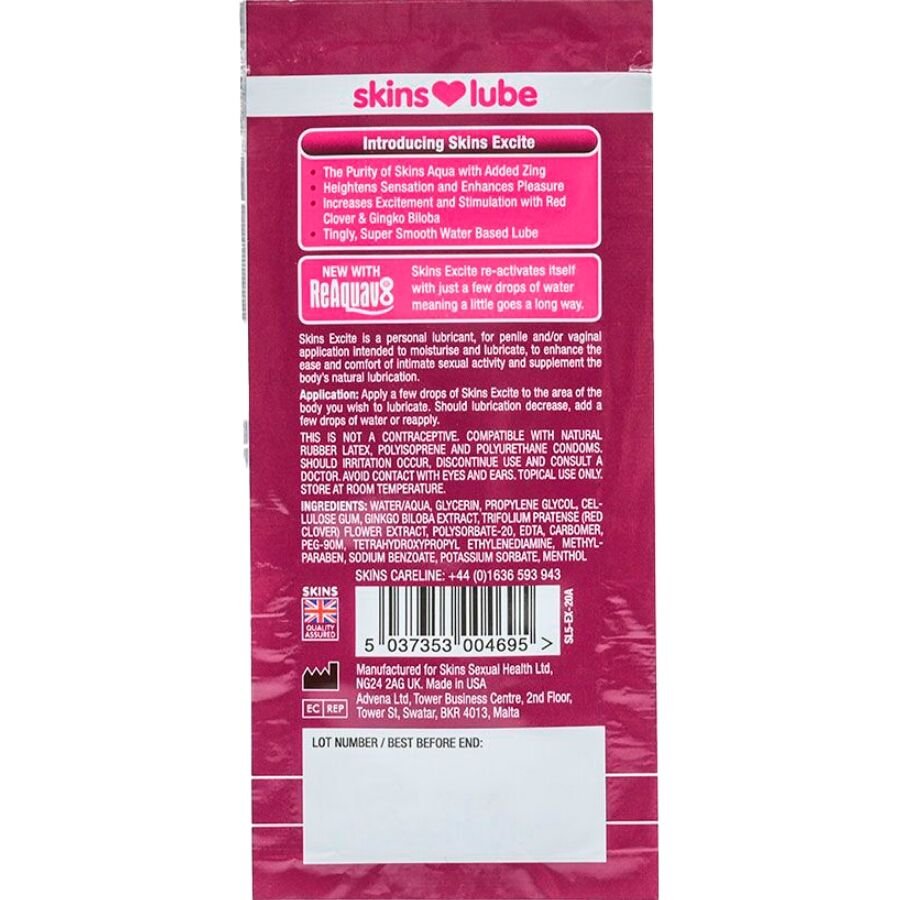 SKINS - EXCITE LUBRICANTE BASE DE AGUA MONODOSIS 5 ML - Base Agua - El Arte del Placer