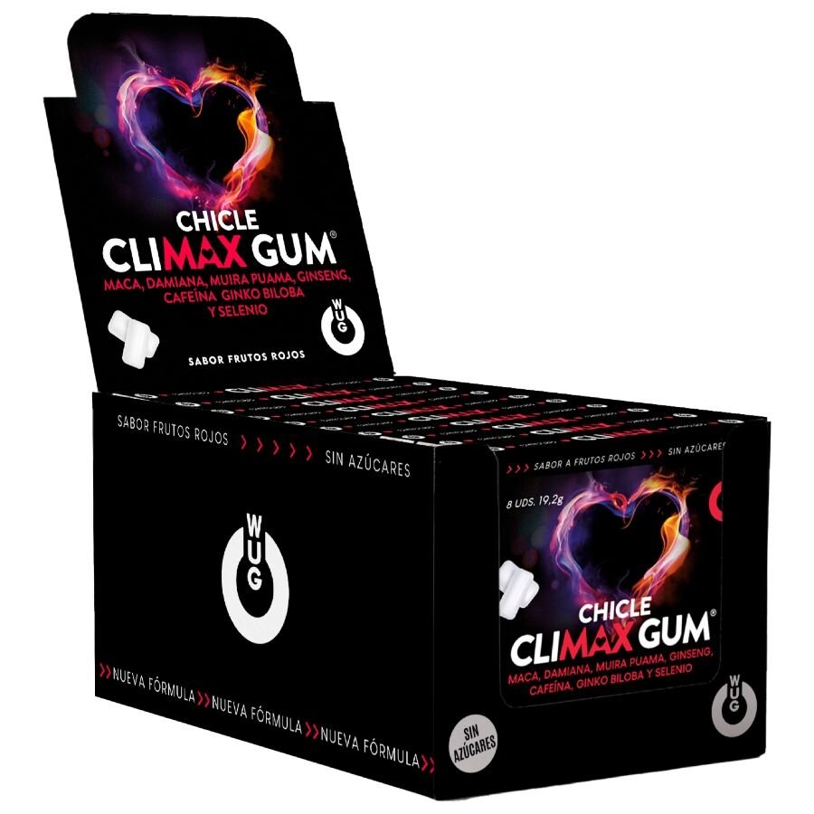 WUG Climax – DISPLAY 12 X 8 UDS | Chicle funcional con Maca, Damiana y Ginseng para potenciar el deseo y la vitalidad í…