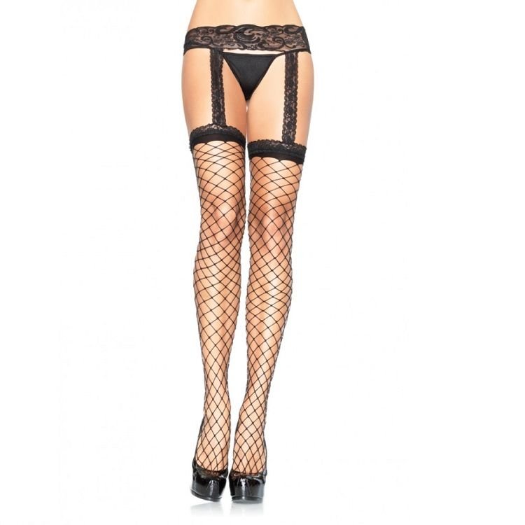 LEG AVENUE - MEDIAS DE RED CON LIGUERO DE ENCAJE NEGRO - Lencería Mujer - El Arte del Placer