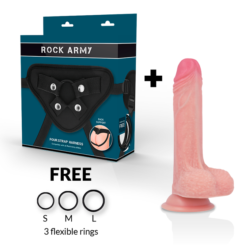 ROCKARMY - ARNÉS + LIQUID SILICONE DILDO PREMIUM MUSTANG 18 CM -O- 4.14 CM - Dildos sin Vibración - El Arte del Placer