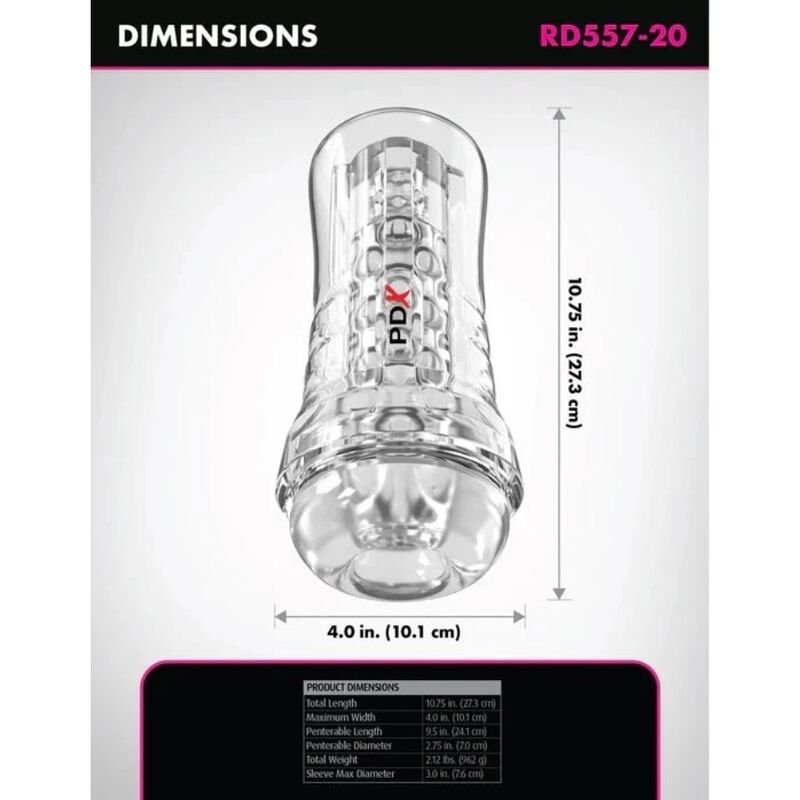 PDX ELITE - MASTURBADOR TRANSPARENTE VIEWTUBE PLUS SEE-THRU EZ-GRIP 21 CM - Imagen 3